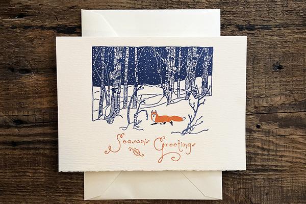 Saturn Press Letterpress Holiday Card Snow Fox is made in Maine USA