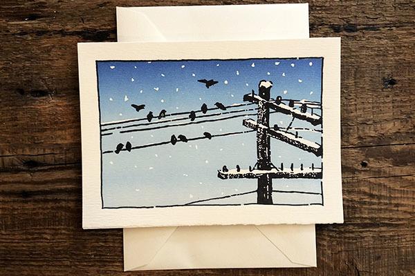 Saturn Press Letterpress Card Wire Birds is made in Maine USA