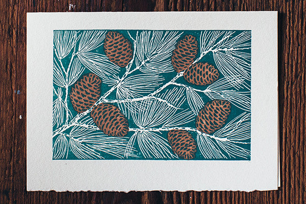 Saturn Press Letterpress Holiday Card Pinecones is made in Maine USA