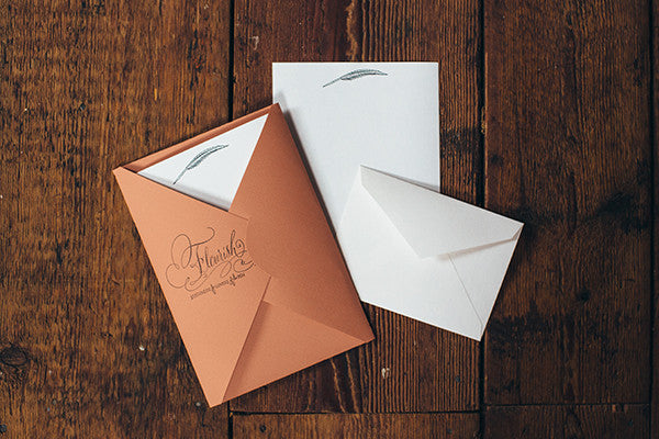 Letterpress Stationery Sets by Saturn Press are made in Maine, USA, on recycled paper. Flourish Quill