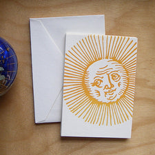 Letterpress Note Cards by Saturn Press are made in Maine, USA, on recycled paper. Old Sol
