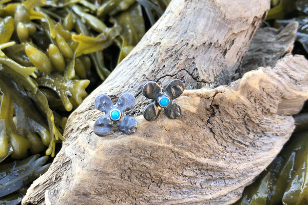 The Good Supply Midcoast Artisan Store Hydrangea Flower Stud Earrings with Oxidized Sterling Silver and Turquoise by Christine Peters Fine Jewelry Made in Maine USA