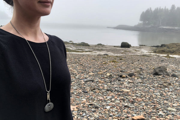 The Good Supply Midcoast Artisan Store Tab Beach Stone Round Zipper Silver Hammered Necklace by Anita Roelz Circle Stone Designs Rugged Jewelry Made in Maine USA