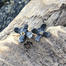 The Good Supply Midcoast Artisan Store Tiny Hydrangea Flower Stud Earrings with Citrine and Oxidized Sterling Silver by Christine Peters Fine Jewelry Made in Maine USA
