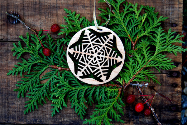 The Good Supply Pemaquid Maine Midcoast Artisan Store Maple Landmark Sustainably Harvested Vermont Hardwood Holiday Christmas Ornament Made in USA Snowflake