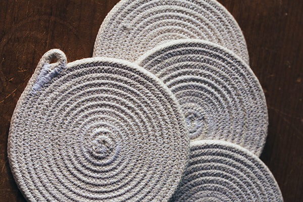 The Good Supply in Pemaquid Maine Sewn Rope Artist TetherMade Coasters in White and Navy Made in USA