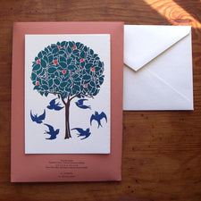 Saturn Press letterpress card, Orange Tree & Swallows